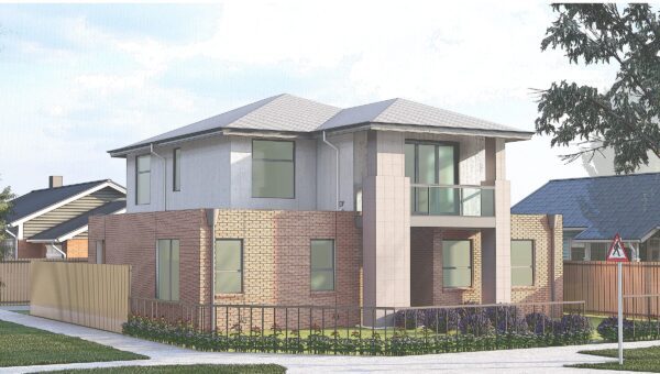 Contemporary double-storey brick house with garage and landscaped front yard in Australia