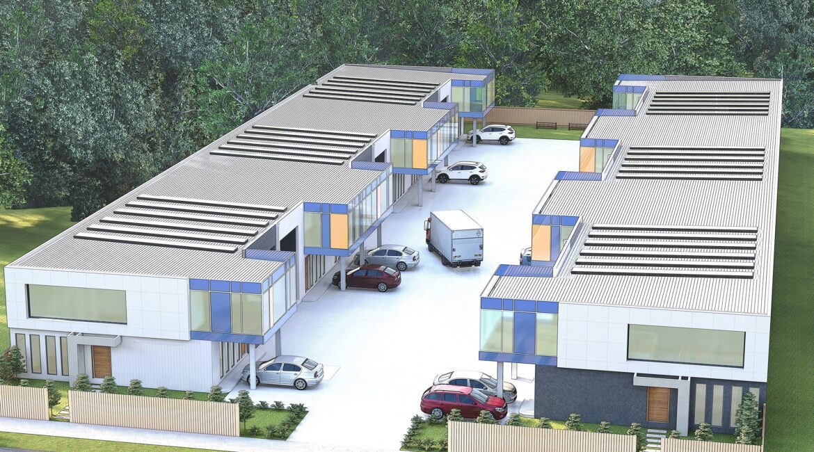 Modern warehouse design with multiple loading bays and green spaces.