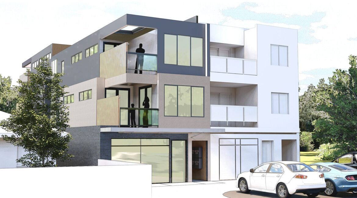 Modern apartment building with contemporary facade and green landscaping.