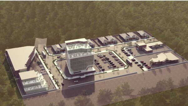 Aerial view of a modern mixed-use development with residential and commercial blocks, rooftop terraces, and central courtyard