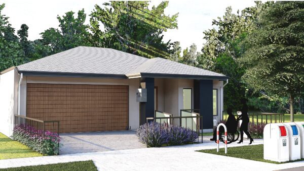 Single-storey NDIS-approved accessible home with ramp entry and green surroundings.