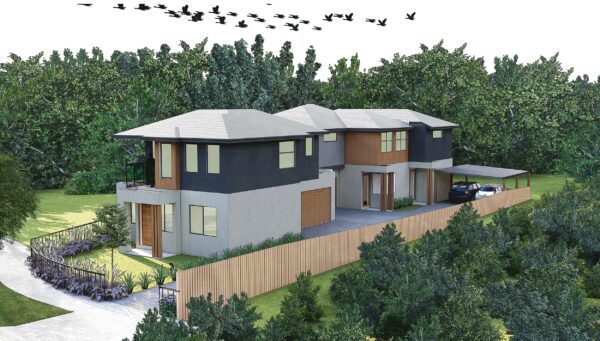 3D render of a low-density residential development surrounded by greenery, designed for town planning layout